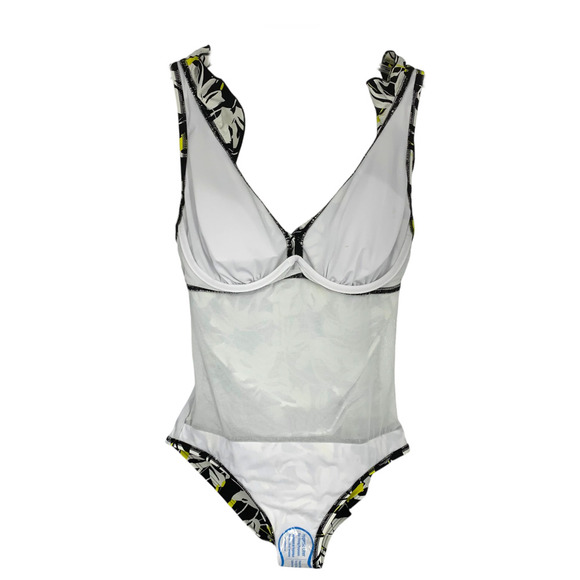 NWT DKNY Sz M Black & Yellow Floral Ruffle Trim One Piece Swim Bathing Suit NEW - Picture 4 of 9